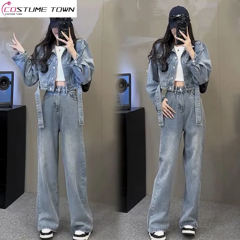 

2024 Spring New Denim Set Women's Korean Edition Slim and Casual Short Coat Straight Leg Pants Two Piece Set Trendy