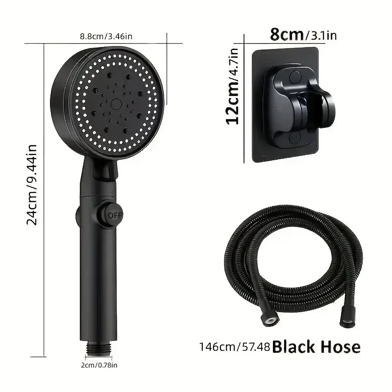 3pcs Adjustable Black Shower Head, High Pressure Water Saving Shower Head With 5 Modes+Wall Mounted Bracket+Hose