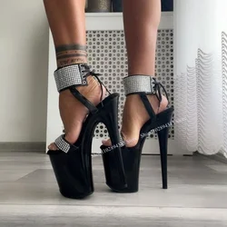 Silver Lace Up Platform Diamond Sandals Cut Out Thin High Heel Fashion Sexy Cool Summer Big Size Woman Shoes Zapatillas Mujer