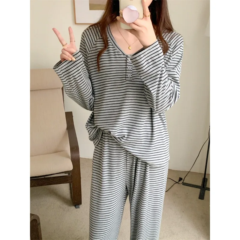

New Pajamas Women Striped Comfortable Homewear Suit Leisure Loose Round Neck Casual Spring Autumn Women's Pajamas 2 Pieces Set