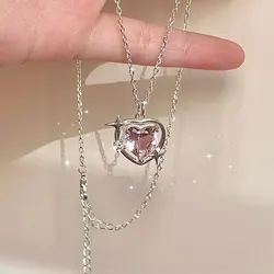 1pcs Silver-plated Necklace Women Light Luxury Fashion Pink Glass Diamond Heart Pendant Jewelry