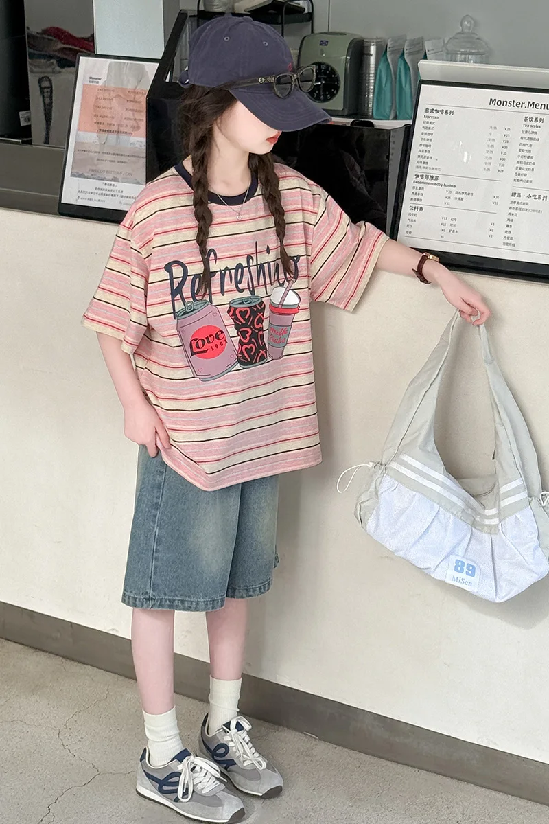 Mädchenanzug Sommer 2026 Süßes Niedliches Cartoon-Print Kurzarm-T-Shirt und Jeans-Shorts Zweiteiliges Set Kinderkleidung – Detail 5
