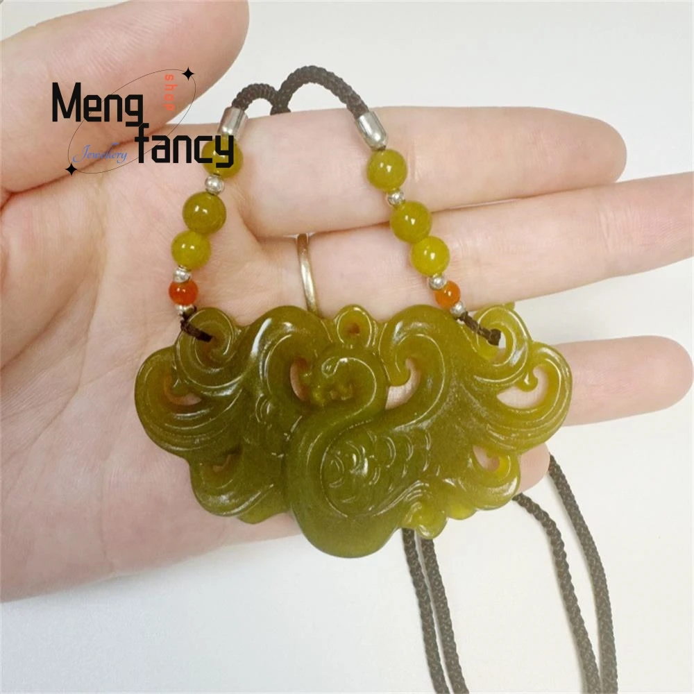 

Natural Xiuyan Jade Dragon and Phoenix Pendant With a Longevity Plaque Double-sided Carved and Hollowed-out Pendant Fine Jewelry