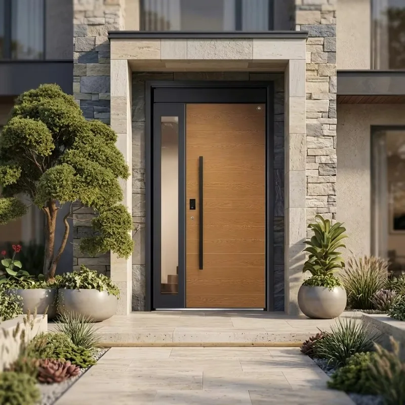Latest Model Wood Grain Color Aluminum Alloy Entrance Door Good Lighting Fashionable Hinged Doors Villa Luxurious Front Doors