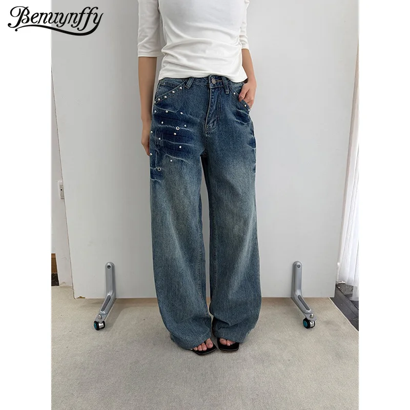 

Benuynffy American Street Vintage Rivet Baggy Jeans Women 2026 Spring New Y2K Harajuku Casual 2000s Low Rise Wide Leg Pants