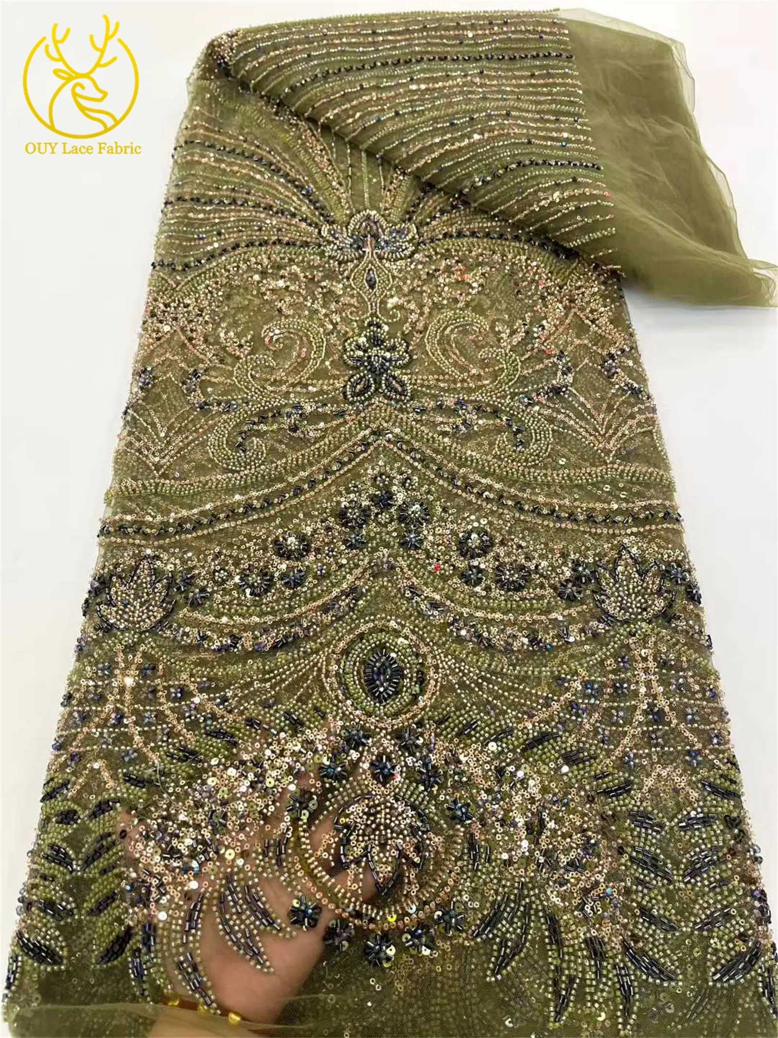 African Heavy Groom Beaded Lace Fabric 2025 High Quality French Nigerian Sequin Lace Fabric for Bridal Party Dress Sewing 5Yards