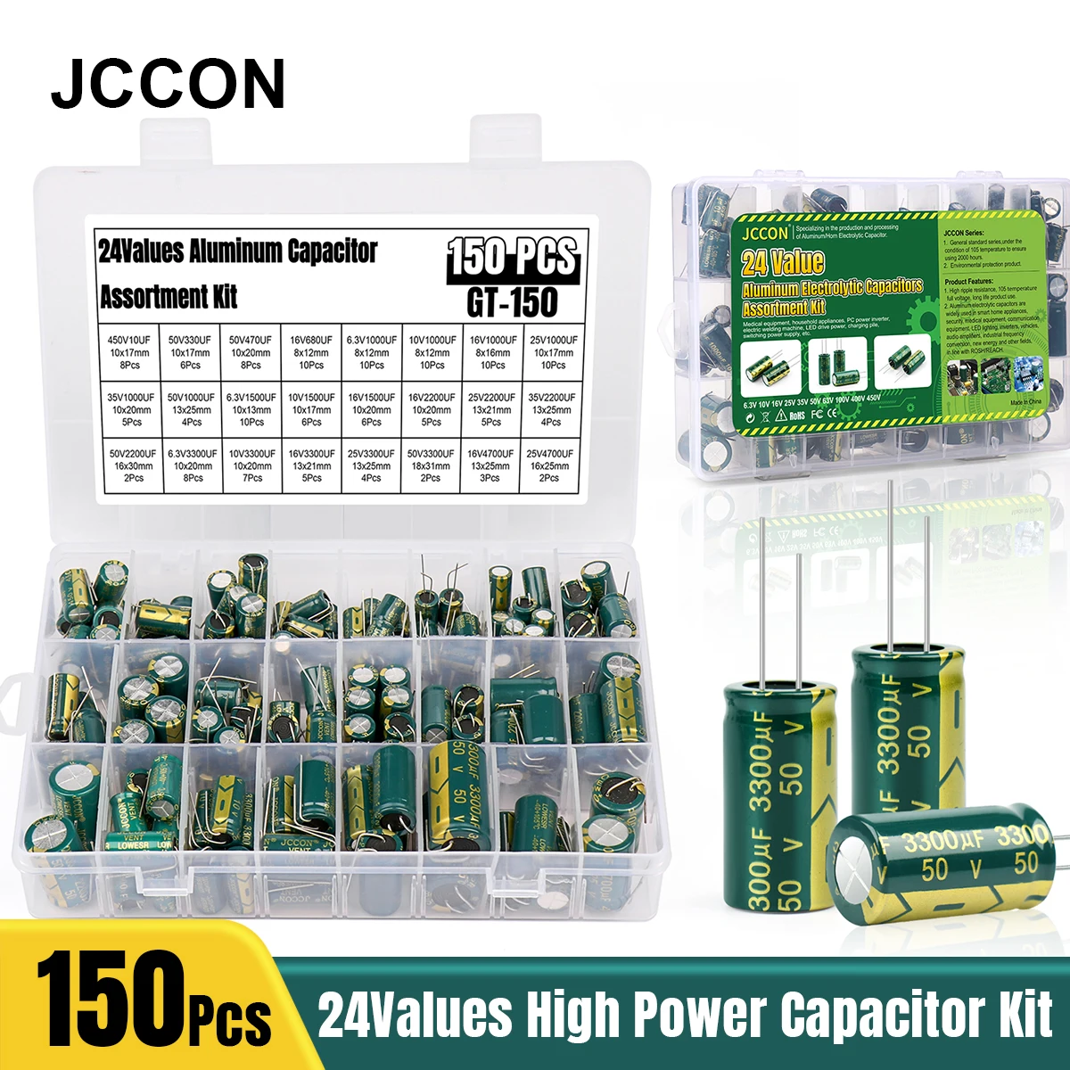 150Pcs JCCON Aluminum Electrolytic Capacitor Kit 24Values 6.3V-450V Capacitors Assortment Kit 680UF 1000UF 2200UF 3300UF 4700UF