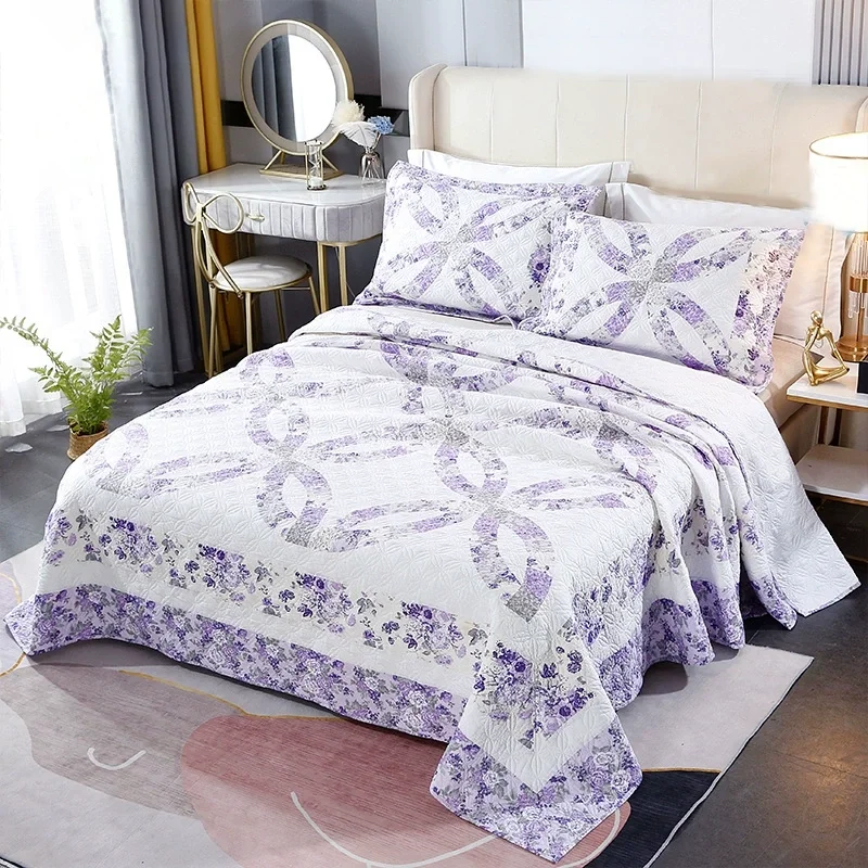 

French Style Quilt Set 3pcs Queen Super King Size, Floral Patchwork Bedding, Soft Cotton Quilted Bedspread Coverlet,Home Decor