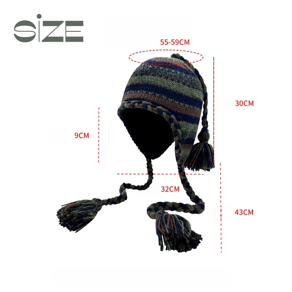 Geometric Stripes Winter Thickened Warm Hat Large Long Braid Tassel Ear Protection Hats Women's Nepalese Lined Thick Knitted Cap