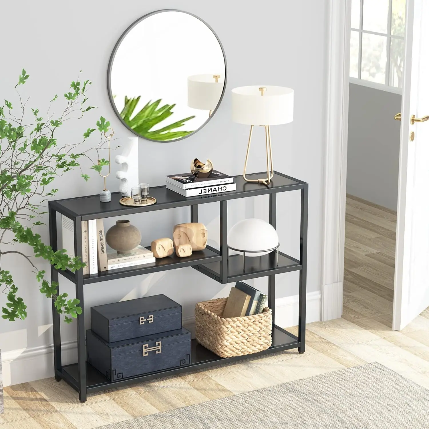 Comfort Corner Console Table, Small Black Entryway Table with Storage Shelves,43 Inch Vintage Entrance Table Behind Couch Table