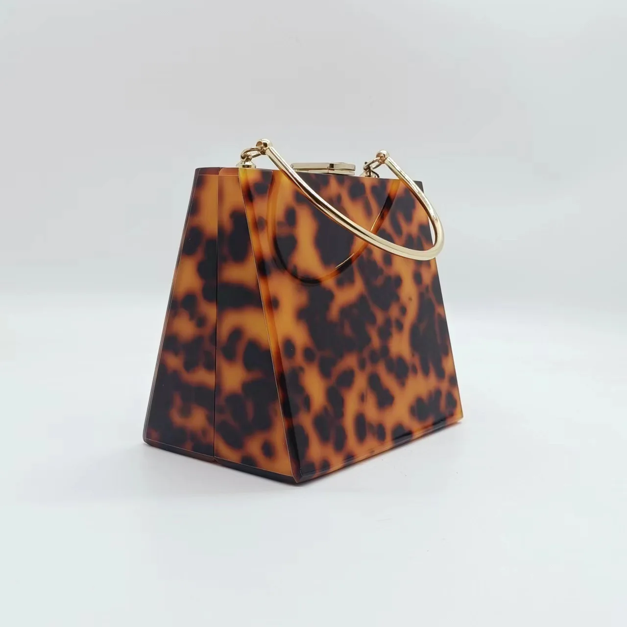 Ladies Metal Handbags Acrylic Amber Leopard Print Evening Clutch Retro Vintage T-shaped Purse Wedding Banquet Party Luxury Purse