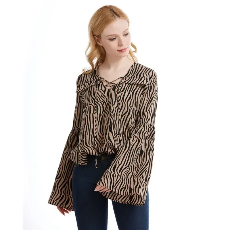 Summer Women Sexy V-Neck Zebra Print T-Shirts Tops Streetwear Women New Long Sleeves Loose Casual Daily Black Tshirts Tops 2024