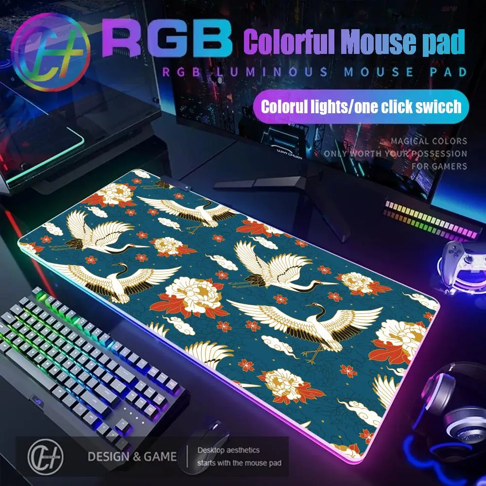 

HYBXAXC Mouse Pad Anime Mouse Pad Oriental crane Gaming RGB Gaming Mouse Pad Desk Mat HD Gamer Large LED Light XXL 900x400mm