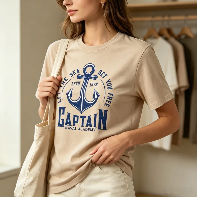 Captain Blue Anchor T-Shirt Naval Academy Nautical Sailor Graphic Tee Casual Streetwear for Men Women White Khaki Y2k Top