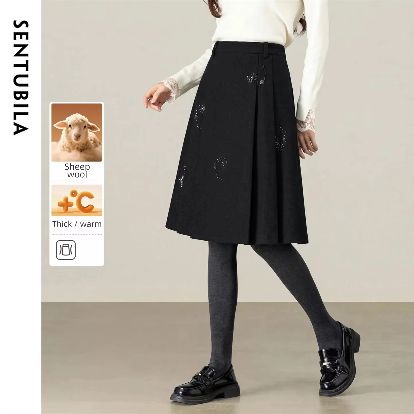 SENTUBILA Women's Wool Blend Skirt 2026 Spring Beading A-Line Knee-Length Skirt Casual Versatile Ladies Clothes 154QA6814