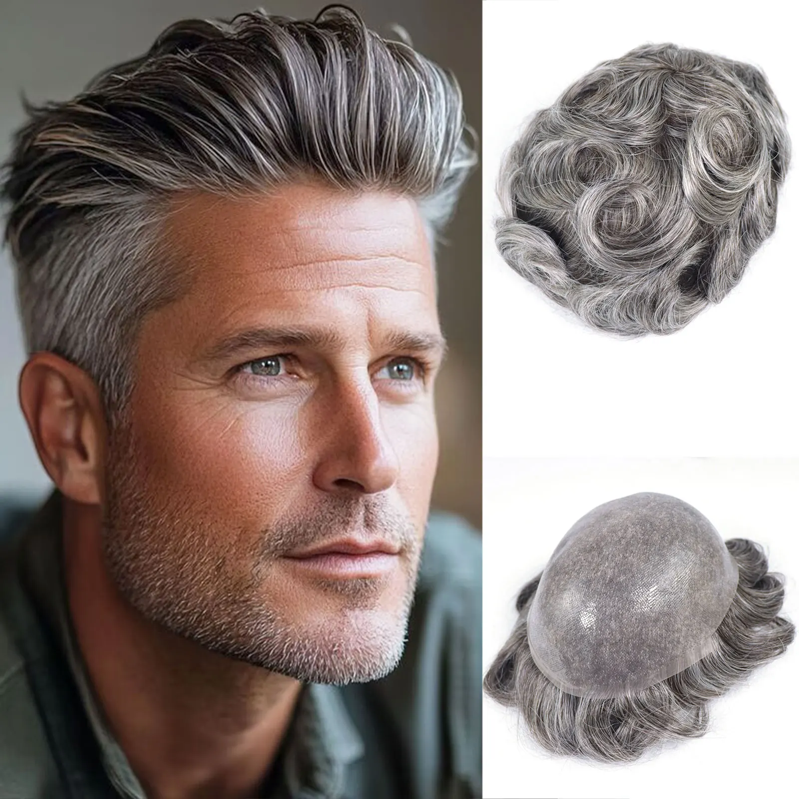 

#450 Grey White Full PU Toupee For Men Human Hair Piece 0.08mm Skin Full Poly V loop Men's Capillary Prothesis Hair Wig 110%