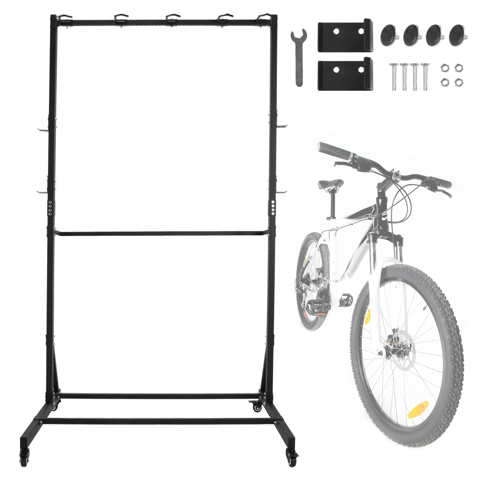 

Heavy Duty Bike Hanger with Locking Casters & 6 Hooks Holds Up To 5 Bikes Height Adjustable for Garage Basement & Home