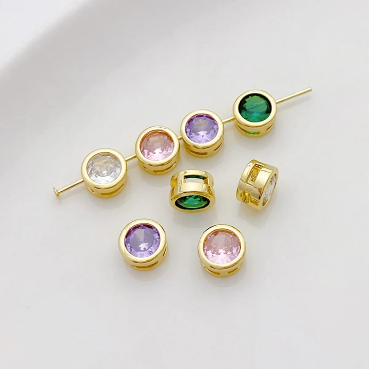 14K Gold Plated Color Retention Multi Color Zircon Inlaid Round Spacer Bead Pendant Through Hole DIY Bracelet Necklace Findings