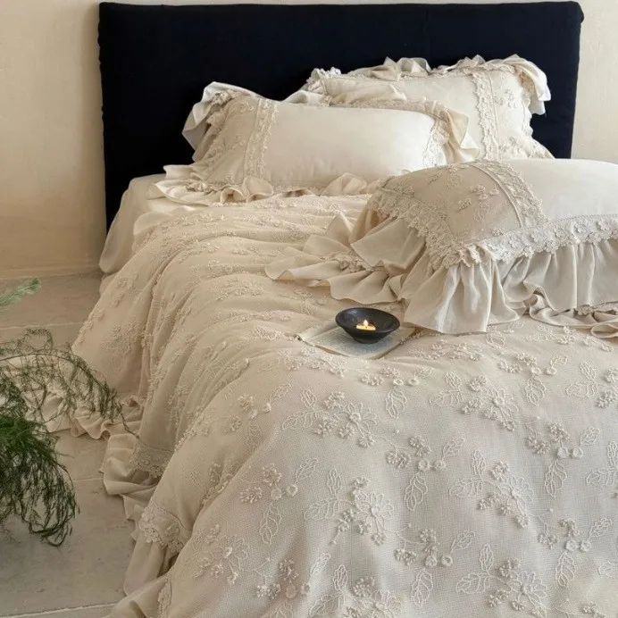 French Romantic Embroidery Lace Four-piece Set Cotton Pure Cotton Lotus Leaf Edge Quilt Cover Premium Bedding