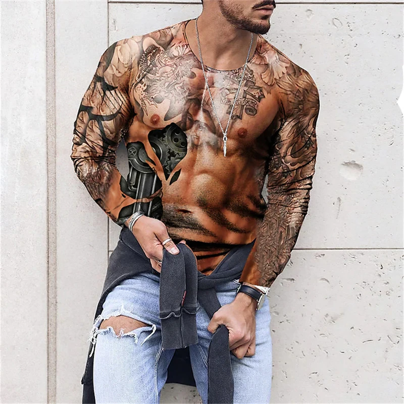 Muscle Tattoo Mens Compression T-shirts Long Sleeve Wolf Dragon Sportswear Rashguard Fitness Gym Tops Tees Streetwear T-shirt