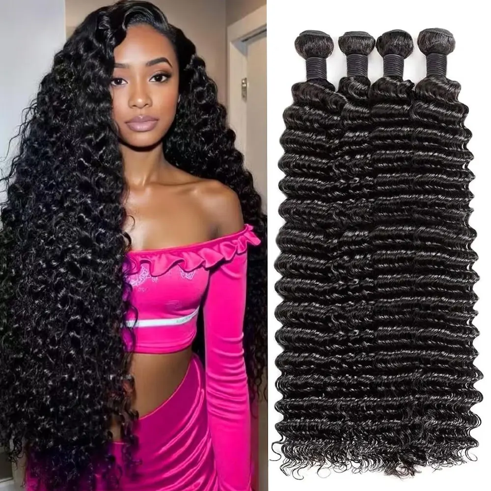 Brazilian Virgin Deep Wave Bundles 100% Unprocessed Deep Curly Human Hair 1/3/4 Bundles Grade Deep Wave Human Hair Natural Color