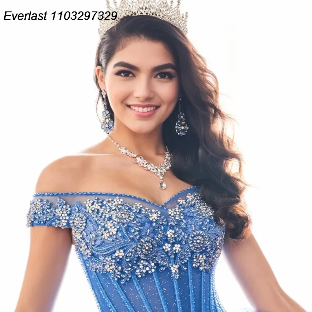 EVLAST Customized Blue Quinceanera Dress Ball Gown Applique Beaded Crystal Mexican Corset Sweet 16 Vestidos De 15 Anos TQD853