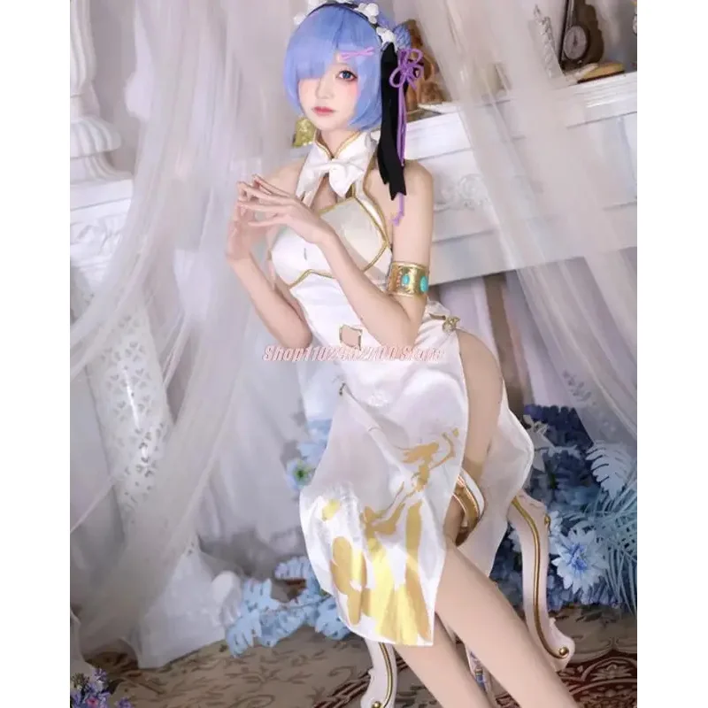 Rem Cosplay Anime Re Zero Rem Graceful Beauty Cheongsam Costume Re: Starting Life In A Different World Fancy Chinese Dress Wig