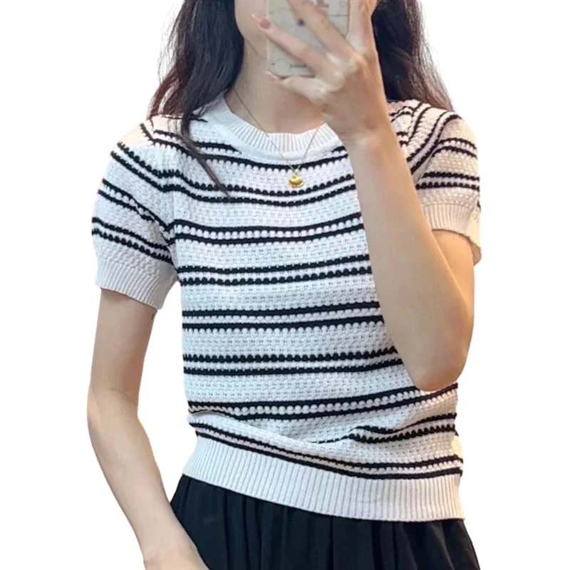 Women T-shirts Crewneck Casual Knit Top Small Fragrance Fashion Slim Fit Short Sleeve Sweater