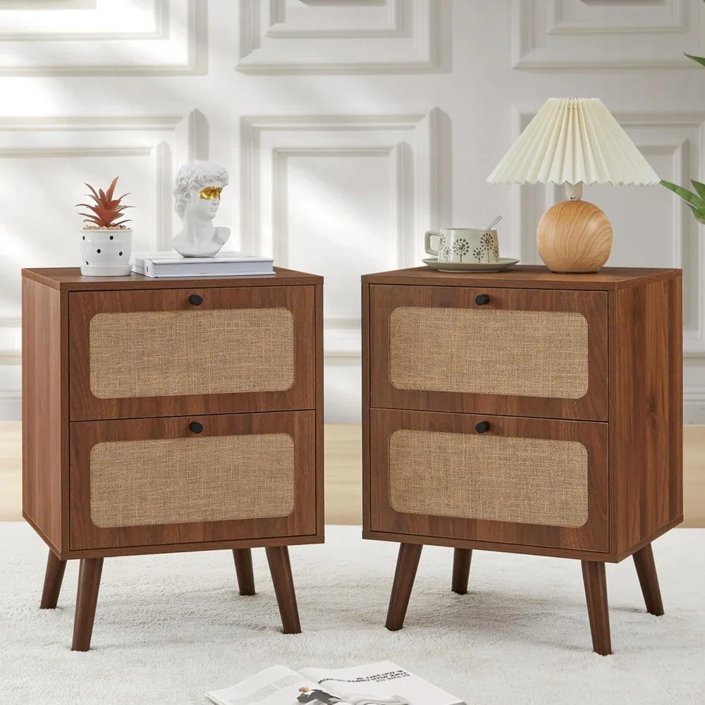 avzear wood night stand set of 2, mid century modern nightstand with 2 drawers, nature linen panelbedside table rustic end table