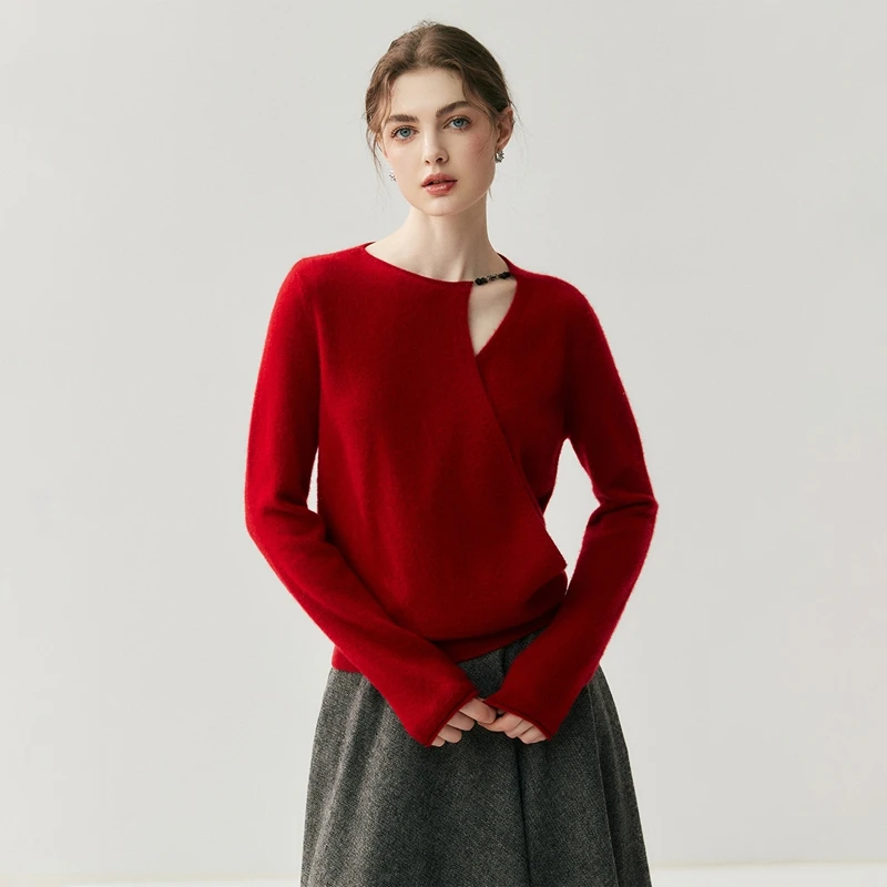 

Autumn Winter Women's 100% Cashmere Asymmetric Cross-Collar Pullover Stylish Fashionable Sweater Casual Korean Style Knitwear