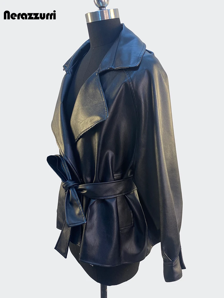 Nerazzurri-Veste courte en cuir PU pour femme, vêtements décontractés, ceintures élégantes, chic, luxe, noir, léger, printemps, automne, 2024