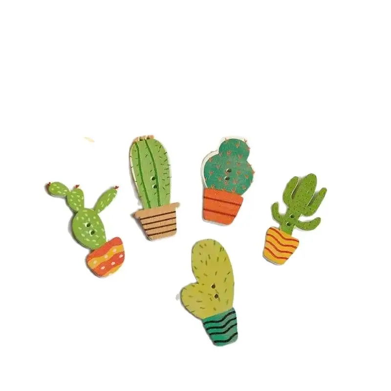 50Pcs/lot  2 Holes Wooden Buttons Plant cactus Decoration Clothing Sewing Accessories para artesanato