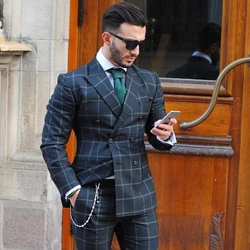 Fashion Blue Suits For Mens Breasted Formal Business Blazer Wedding Groom Tuxedo Plaid Autumn 2 Piece Jacket Pants Costume Homme