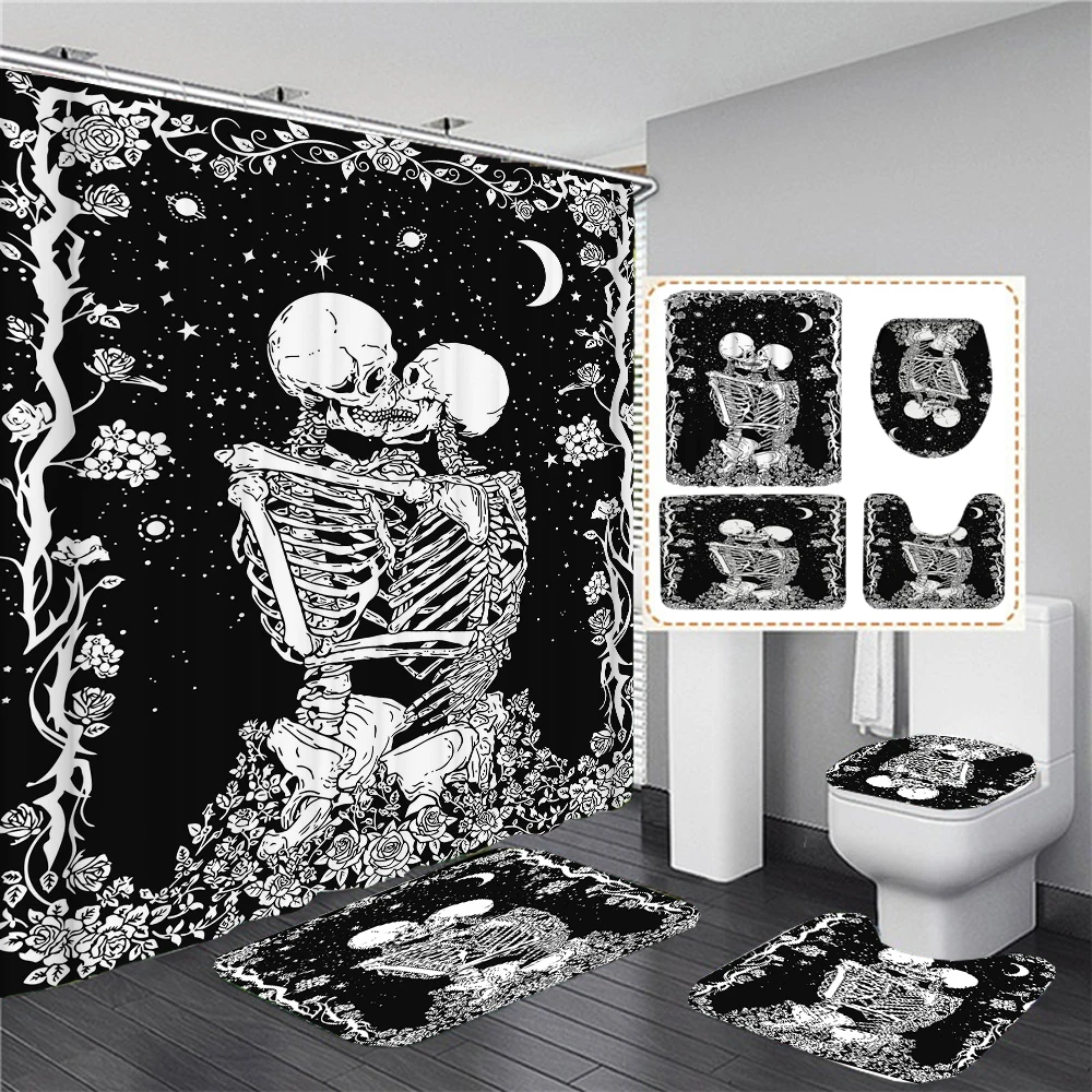 Funny Lovers Skull Skeleton Shower Curtain Bath Curtain Halloween Bath Mat Set Toilet Rugs Anti-slip Carpets For Bathroom Decor