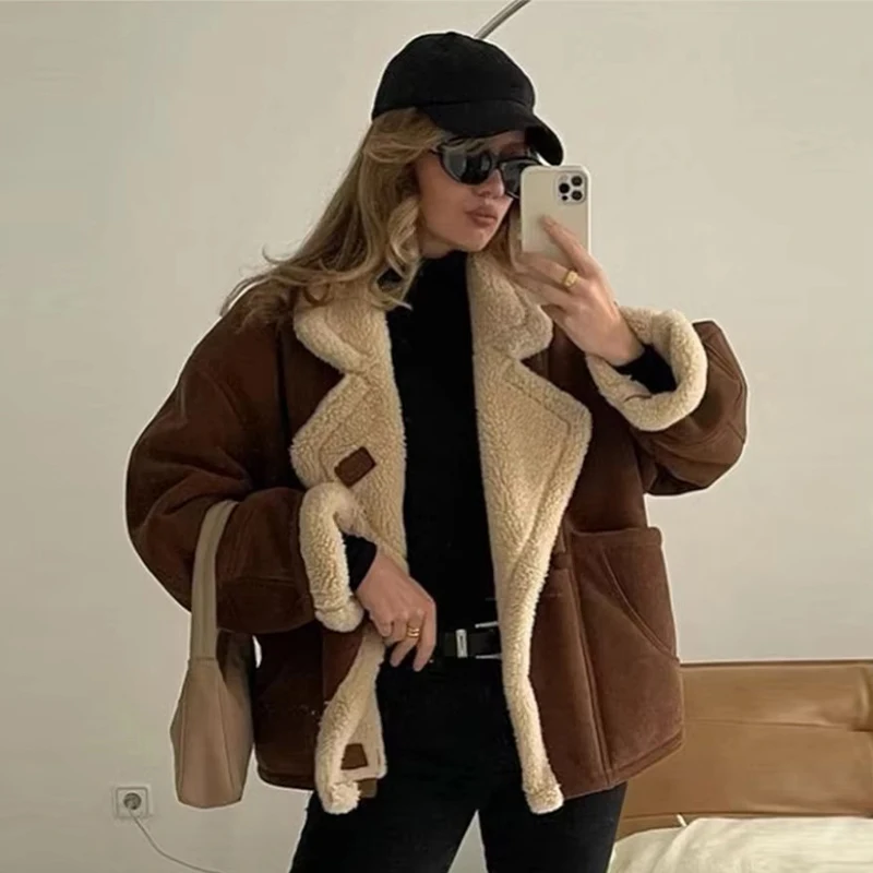 French Vintage Lamb Wool Women Coat Patchwork Full Sleeve Lapel Parka Coat Loose Winter Warm Jacket Thicken Pocket Lady Overcoat