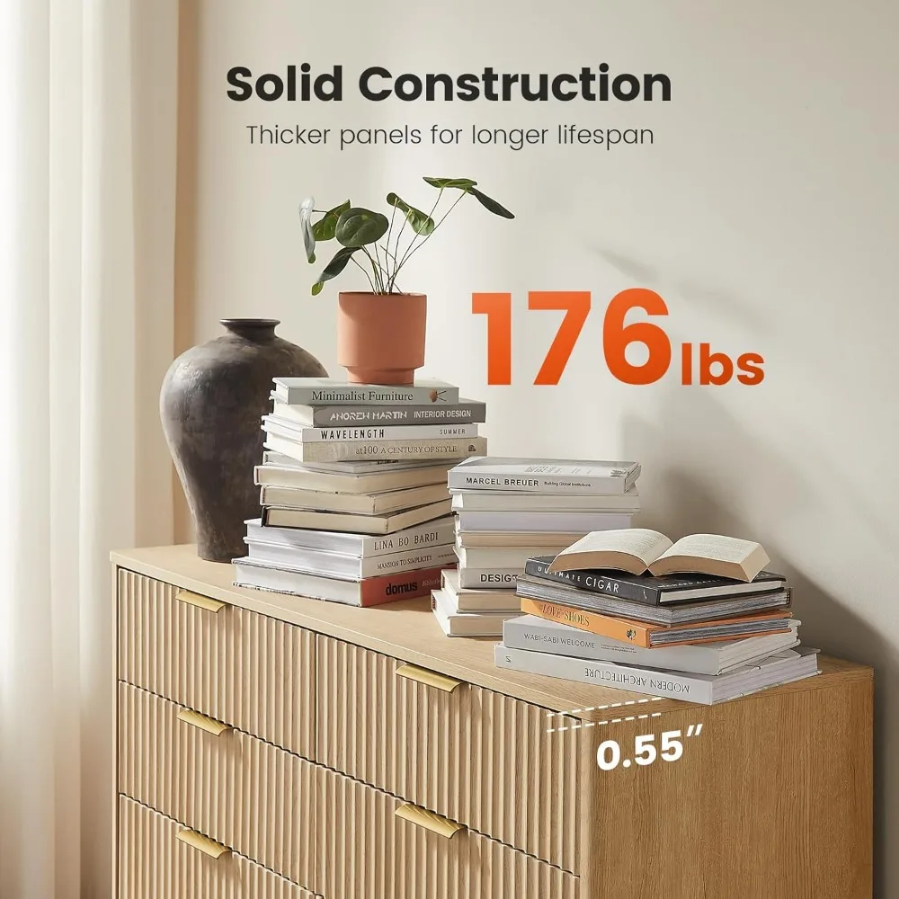 Amada Cômoda contemporânea de madeira com 8 gavetas e bordas arredondadas e slides embutidos, cômoda com suporte de TV com design canelado