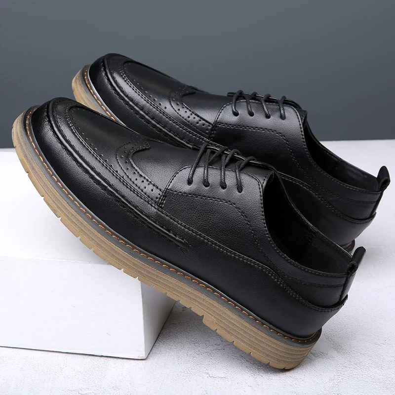 Men Black Wedding Leather Business Men Dress Round Toe Casual Youth British Style Inner Heightening Spring 2023New Arrivals Shoe