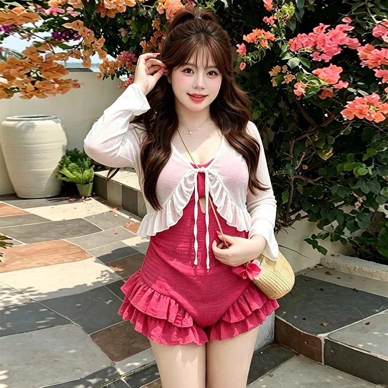 sexy Korean fashion oversize rose red swimsuits two pieces with white mesh cover smock top bodysuits culottes bikinis swimwear
