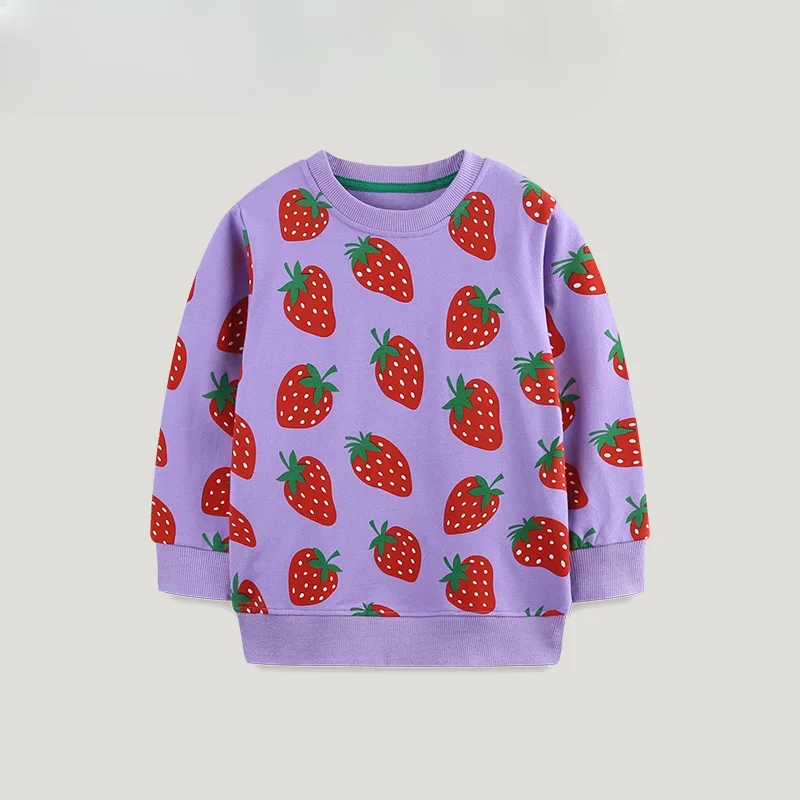 Childrens Clothing 2024 Autumn New Cartoon Strawberry Print Round Neck Hoodie for Girls Casual Wear Kids Clothes