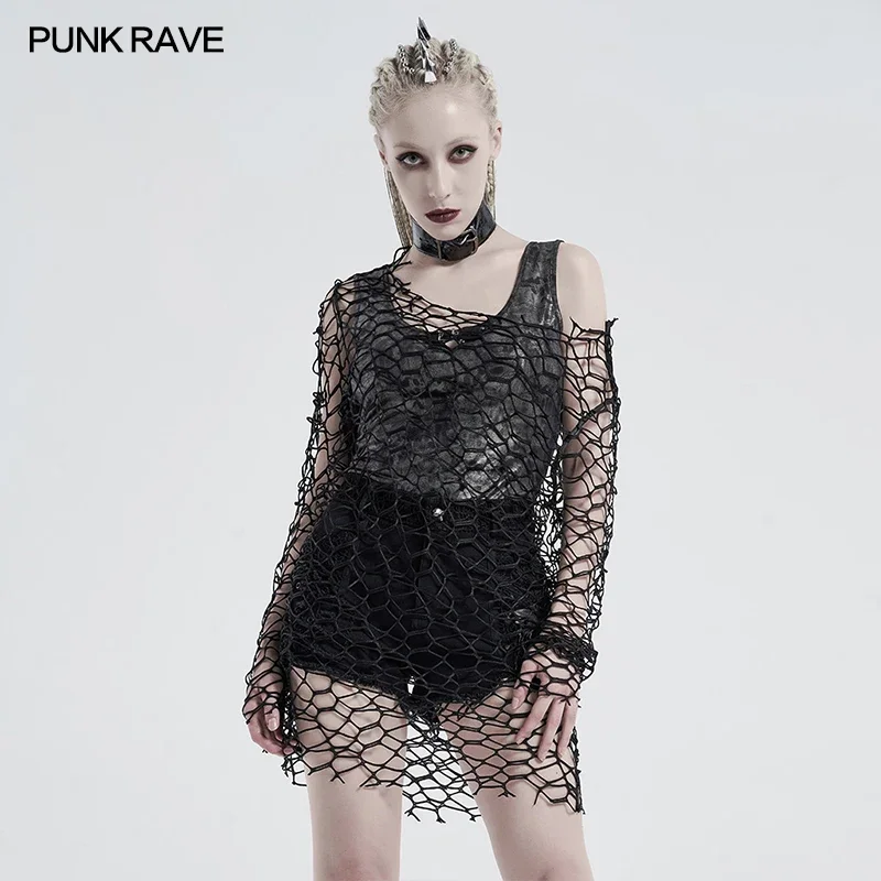 

PUNK RAVE Women's Gothic Daily Large Mesh Long Sleeve T-shirt Punk Simple Hollow-out Sexy Perspective Loose Casual Women Tops