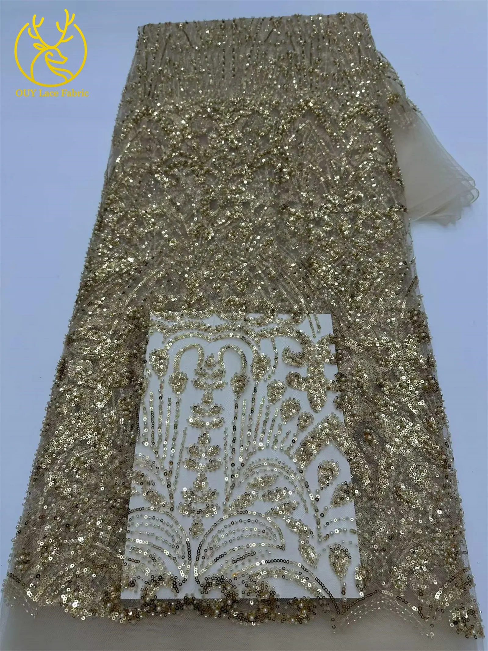 Goldener Luxus-Spitzenstoff mit Perlen und Pailletten, 5 Yards, afrikanischer Spitzenstoff, hochwertiger nigerianischer Netzspitzenstoff für Partykleider und Näharbeiten – Detail 15