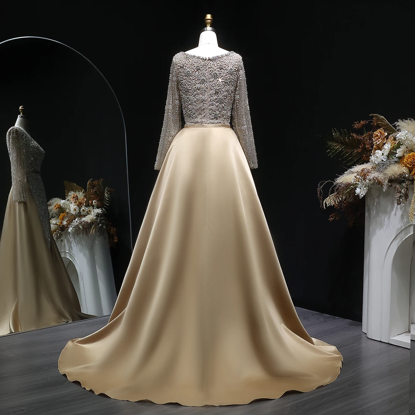 Sharon Said Champagner Meerjungfrauen-Abendkleid mit langen Ärmeln, Überrock, Perlenbesatz, Arabian Nights Ballkleid, formelles Kleid SS119, maßgeschneidert – Detail 19