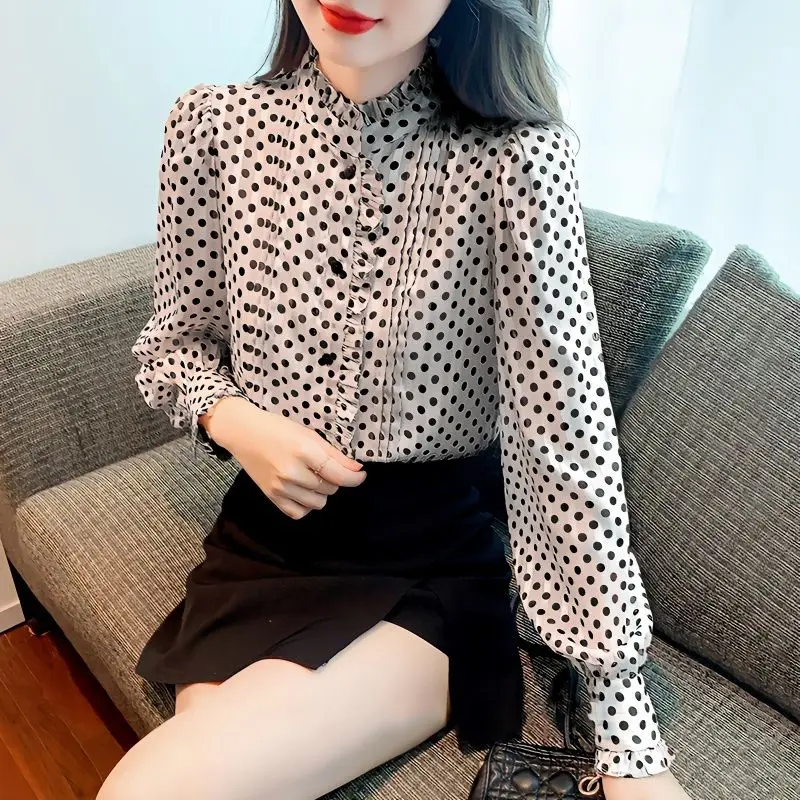 Spring Autumn New Fashion Half High Collar Long Sleeve Blouses Women\'s Clothing Polka Dot Button Loose All-match Korean Shirts