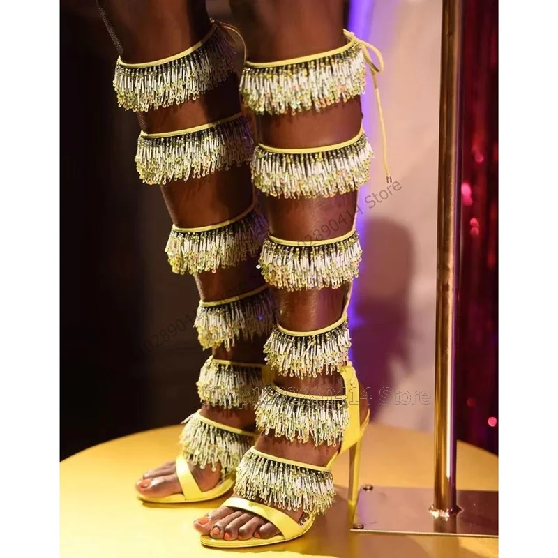 Crystal Beads Tassels Yellow Cut Heel Sandals Boots Back Strap Women Shoes Thin High Heels Open Toe New 2024 Zapatos Para Mujere