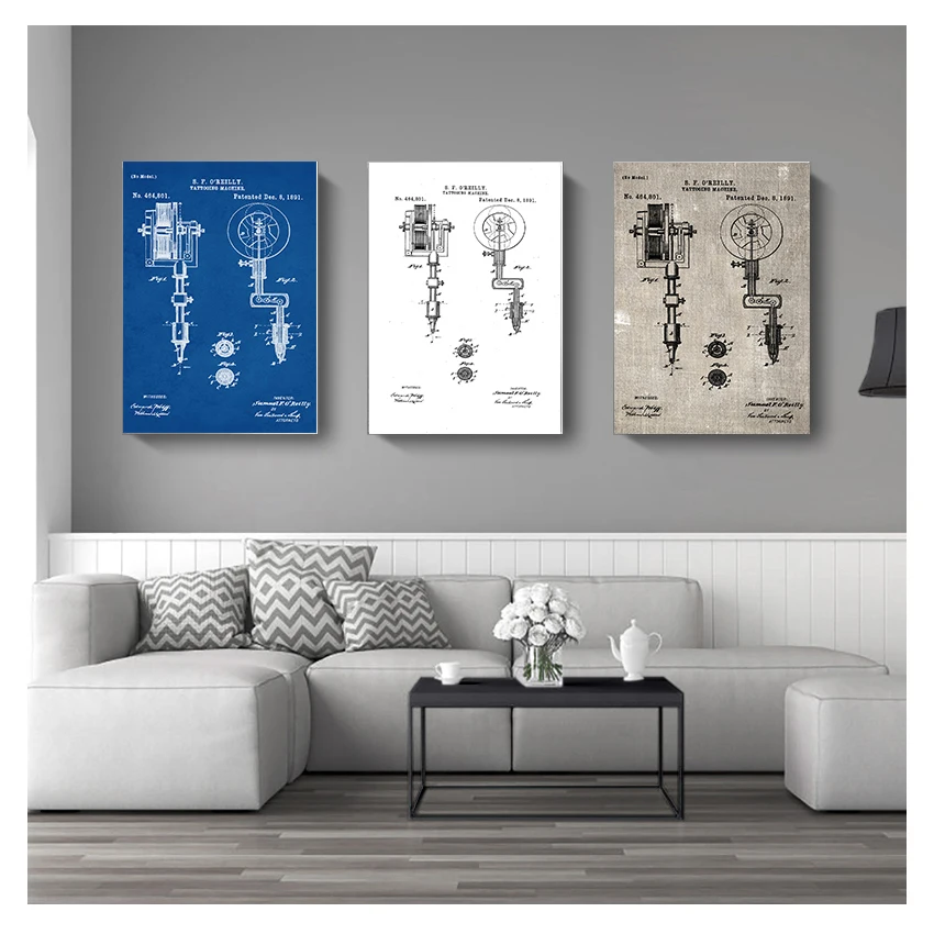 Tattoo Parlor Wall Art Canvas Painting Posters Decor Vintage Blueprint Picture Decorations First Machine Patent Prints