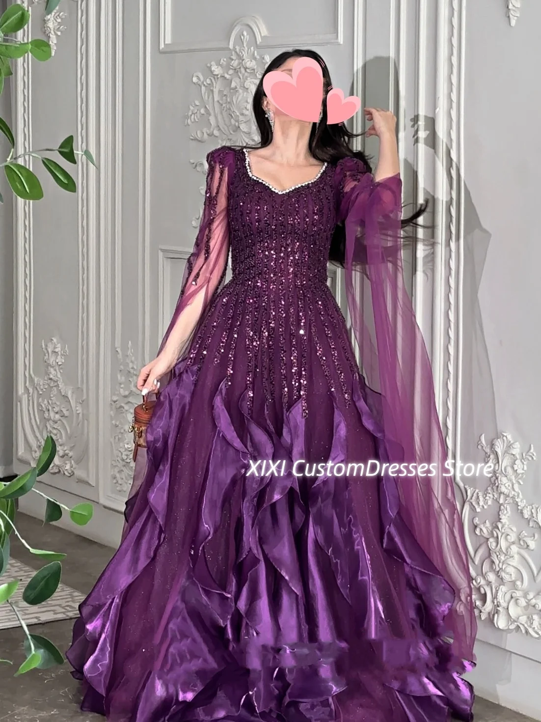 

فساتين سهرات Customize Square Neckline A-Line Floor-Length Beadings Women'S Evening Dresses Zipper Up Long Sleevesformal Occasio