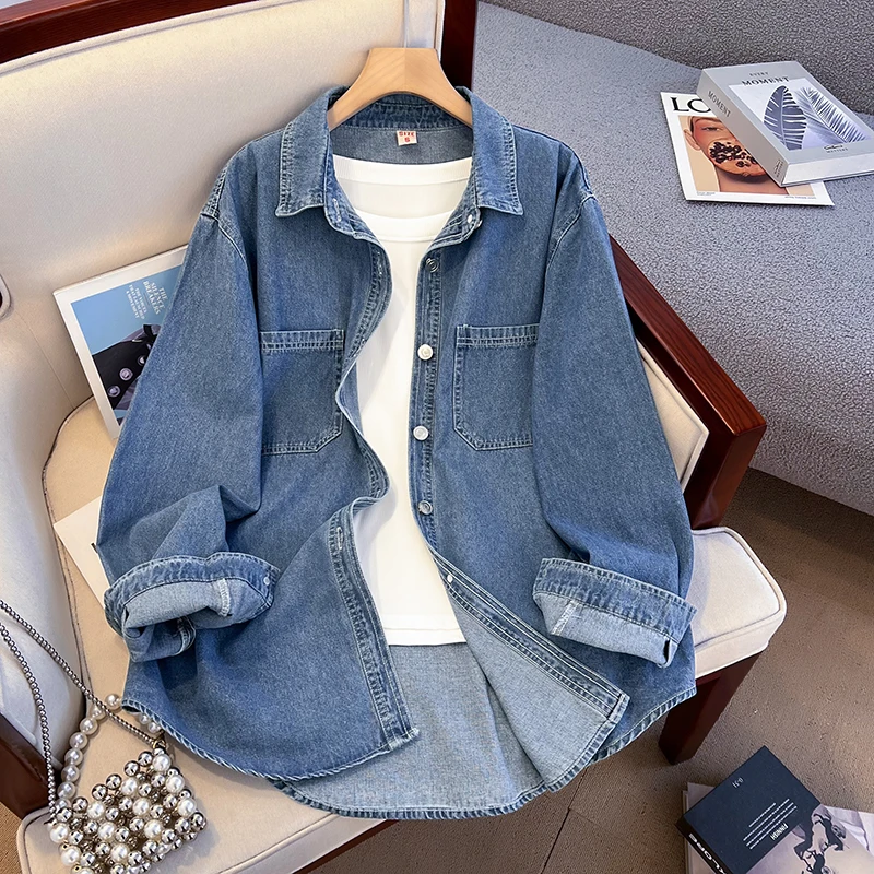 

Blue Denim Shirt For Women Spring Long Sleeve Turn Down Collar Loose Jean Blouse Simple Versatile Loose Outerwear Tops
