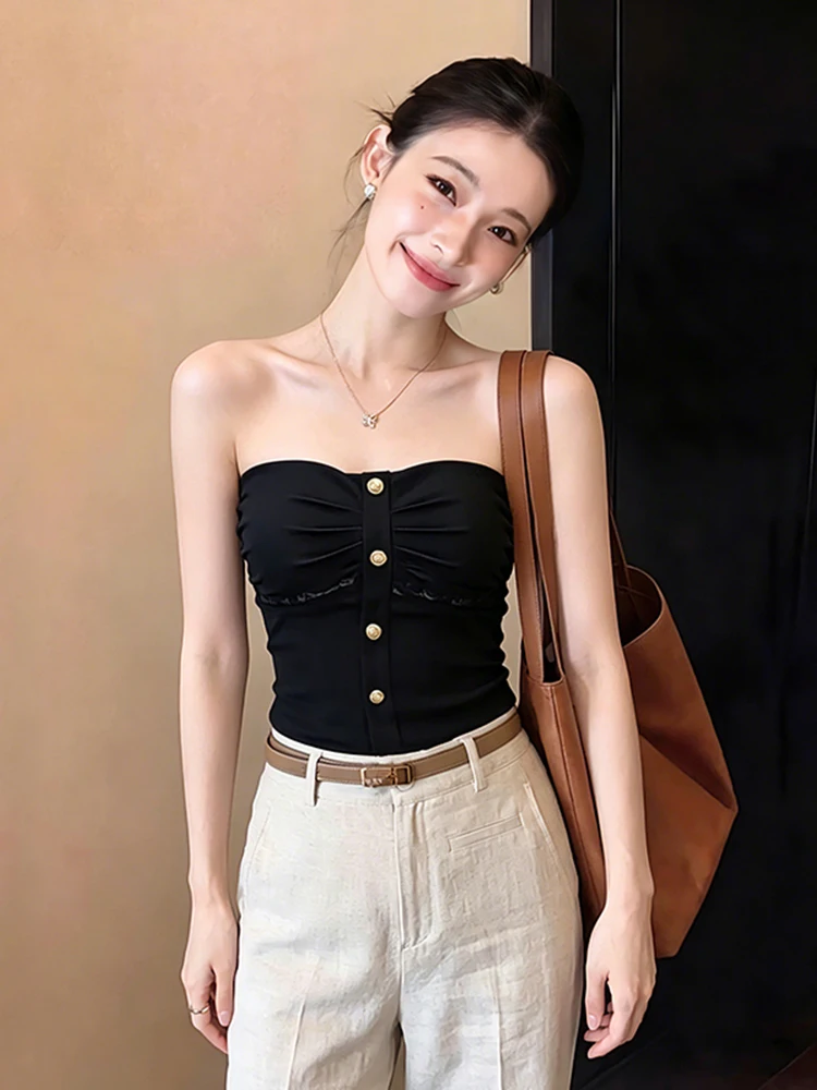 Black Lace Crop Top Women Summer Outerwear Inner Match Thai Style One Shoulder Fishbone Tube Top with Chest Pad Breathable El...