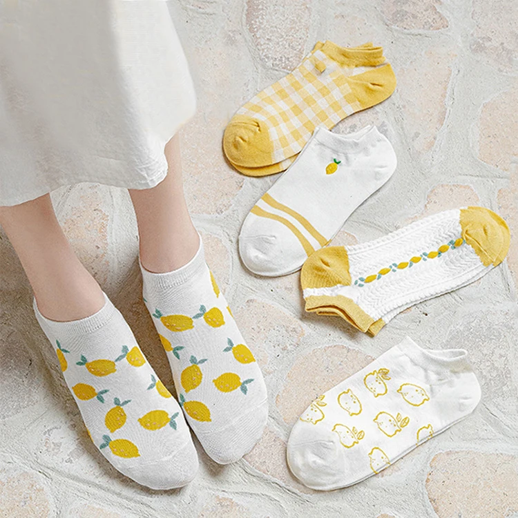 5 Pairs/Set Women's fashion Cotton Socks Yellow Crew Short Socks Creative Printing Socks Cartoon Cute Lemon Ankle Sock