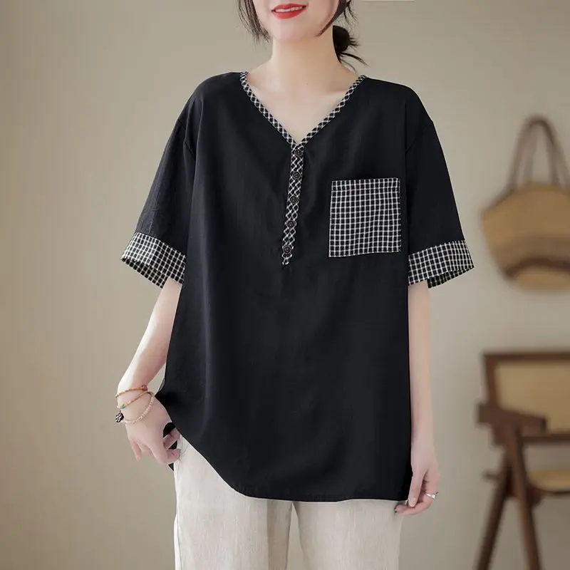 Women's Clothing Fashion Printed Spliced Solid Color T-shirt 2023 Summer Korean Casual Female Short Sleeve V-Neck Loose Tops